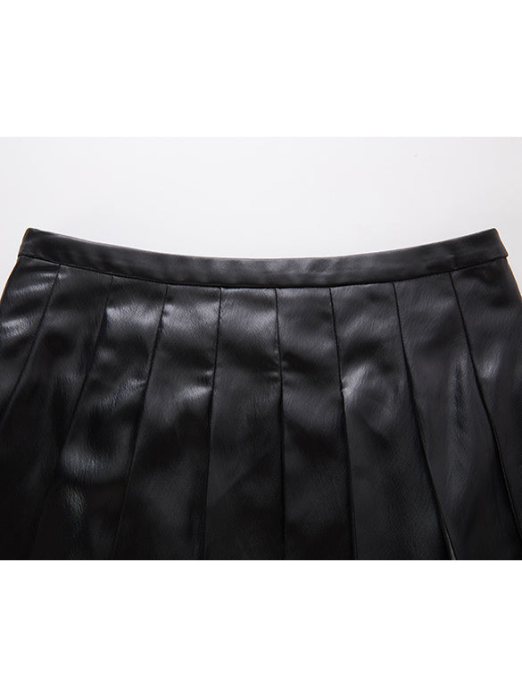 Fake Leather Pleats Skirt