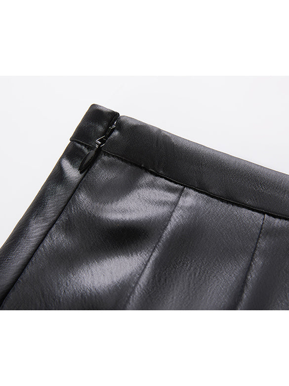 Fake Leather Pleats Skirt