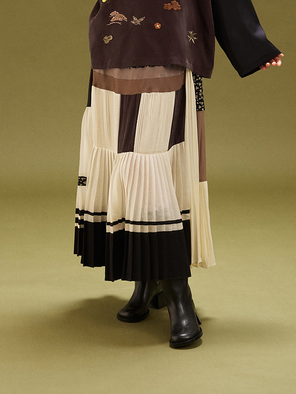 Pattern Mixed Pleats Skirt