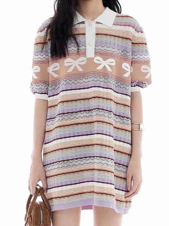 Retro Ribbon Stripe Polo Knit Dress