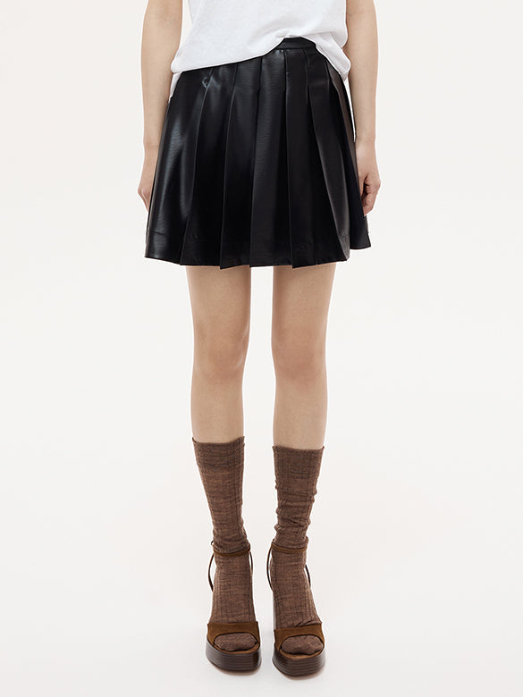 Fake Leather Pleats Skirt