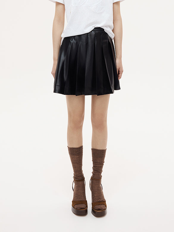 Fake Leather Pleats Skirt