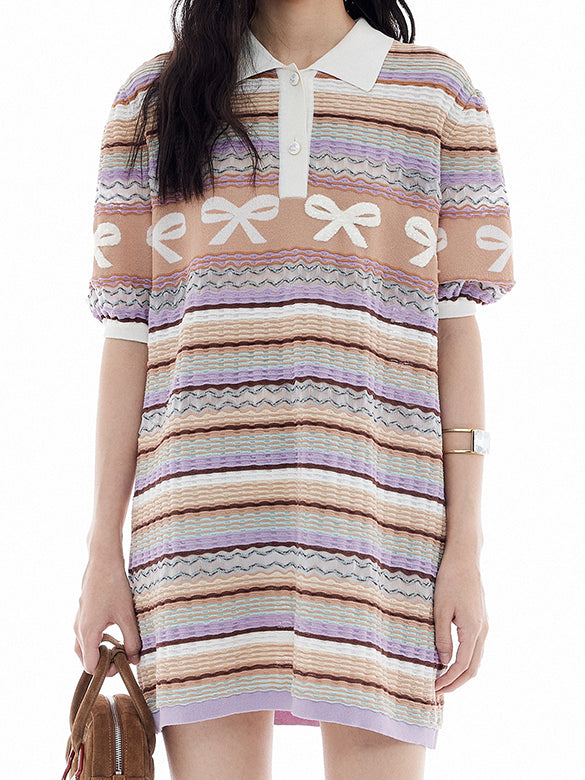 Retro Ribbon Stripe Polo Knit Dress