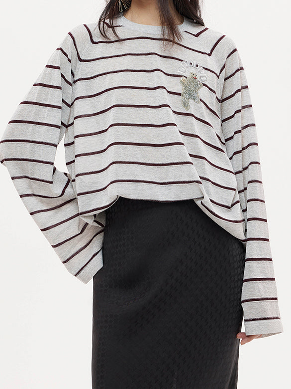 Bear Sequins Stripe Knit Top