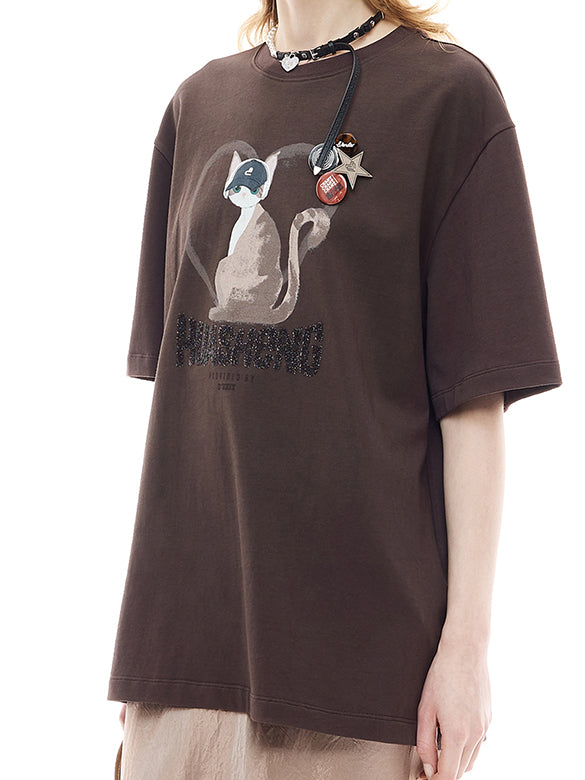 Cat Printed Badge T-shirt