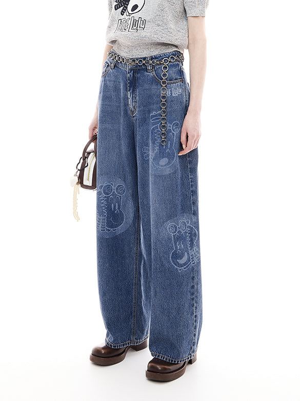Printed Denim Pants