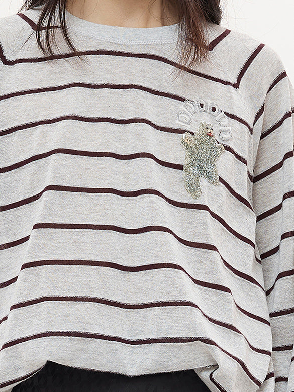 Bear Sequins Stripe Knit Top