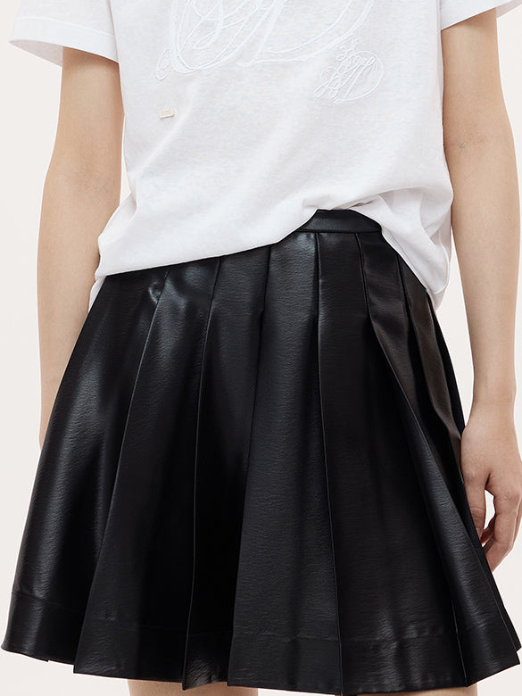 Fake Leather Pleats Skirt