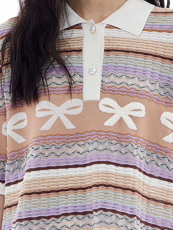 Retro Ribbon Stripe Polo Knit Dress