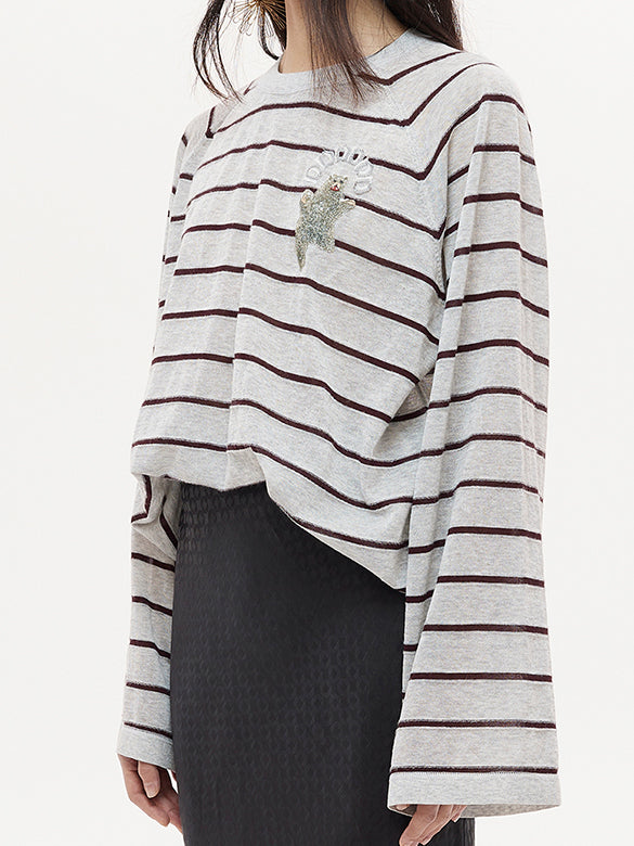 Bear Sequins Stripe Knit Top