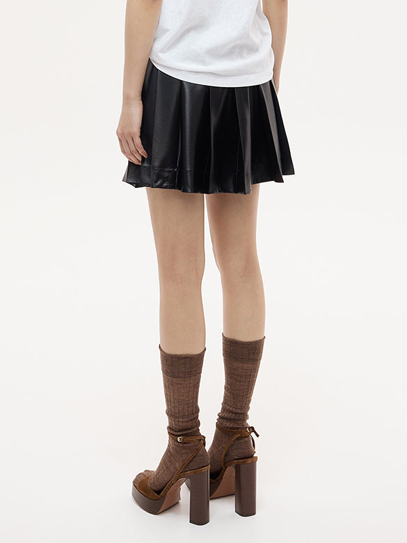 Fake Leather Pleats Skirt
