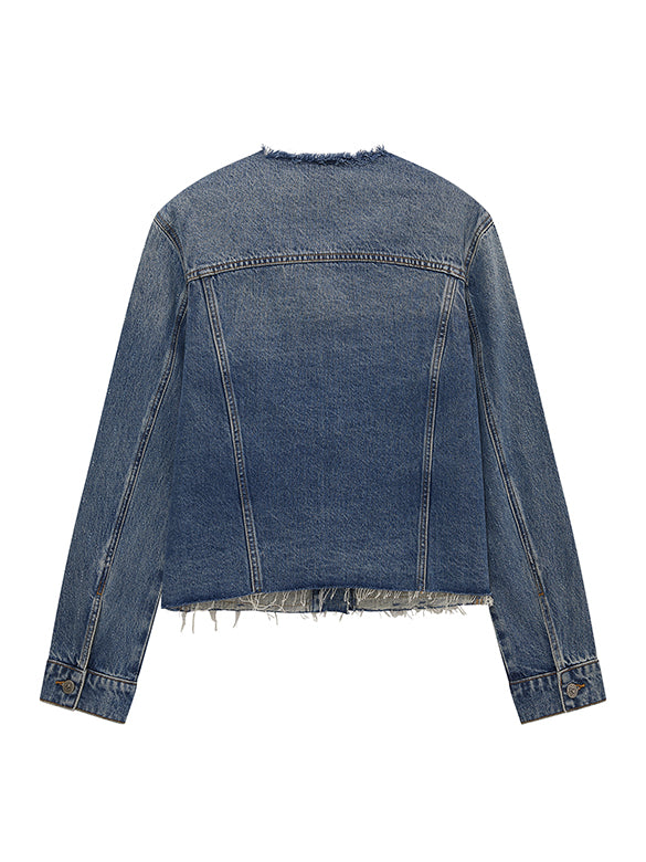 Clear Beads No-collar Denim Jacket