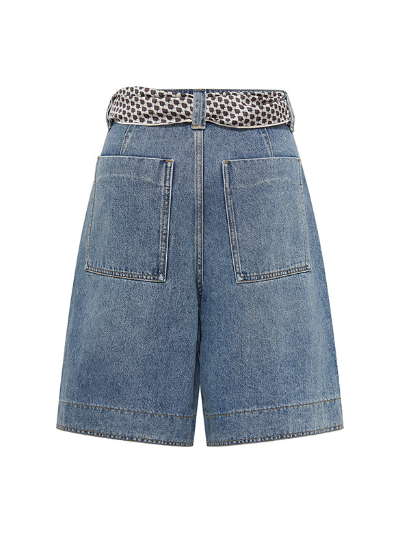 Scarf Belted Denim Half Pants