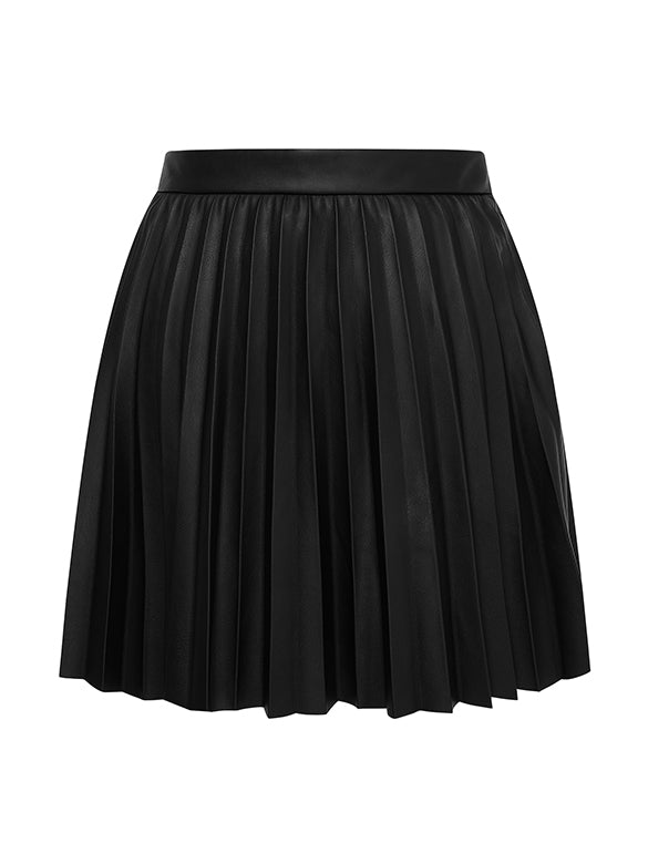 Fake Leather Pleats Skirt