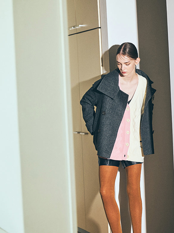Bi-color Damage Cable Knitting Cardigan