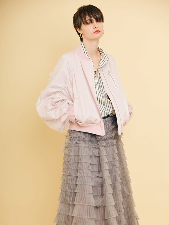 Tulle Combination Gather Sleeves Blouson