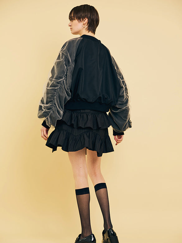 Tulle Combination Gather Sleeves Blouson