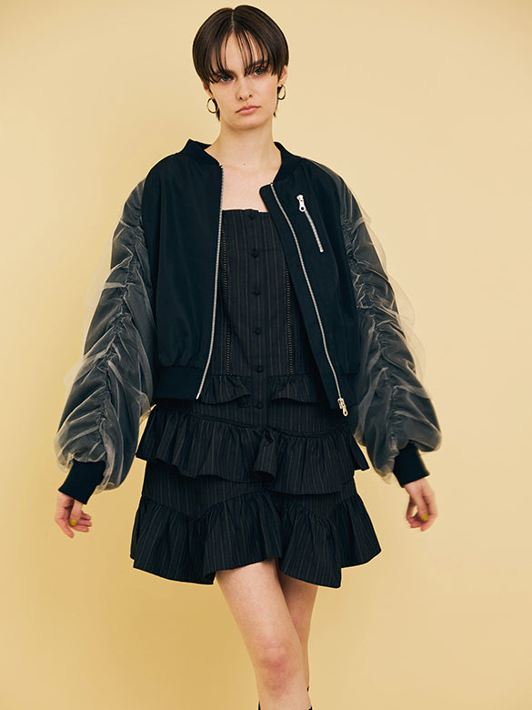 Tulle Combination Gather Sleeves Blouson
