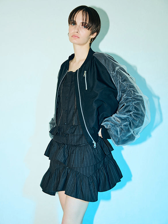 Tulle Combination Gather Sleeves Blouson