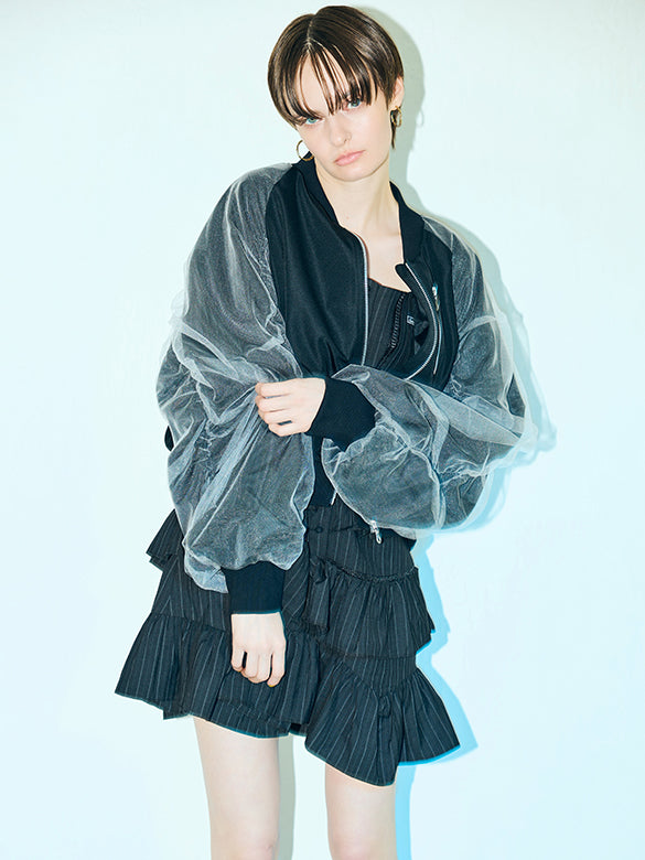 Tulle Combination Gather Sleeves Blouson