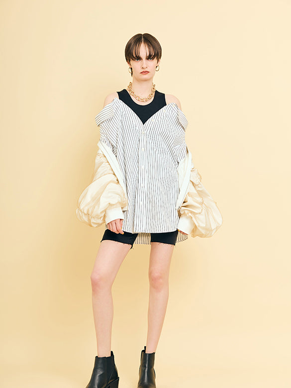 Tulle Combination Gather Sleeves Blouson