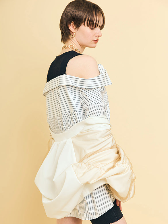 Tulle Combination Gather Sleeves Blouson