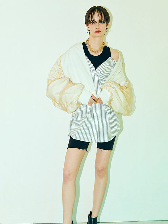 Tulle Combination Gather Sleeves Blouson