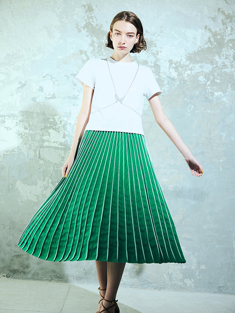 Piping Pleats Green Skirt