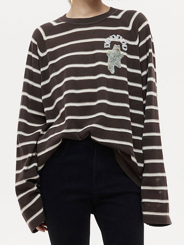 Bear Sequins Stripe Knit Top