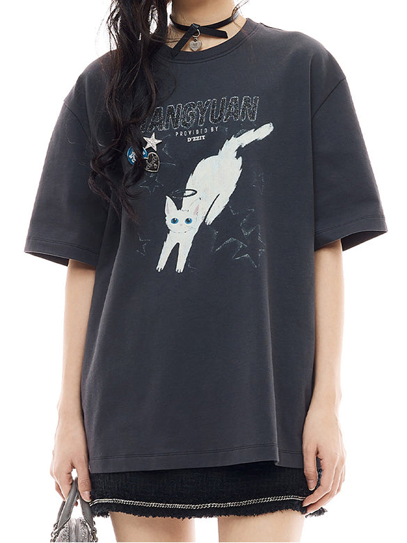 Cat Printed Badge T-shirt