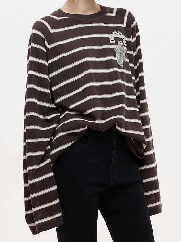Bear Sequins Stripe Knit Top