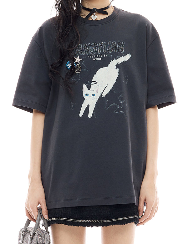 Cat Printed Badge T-shirt