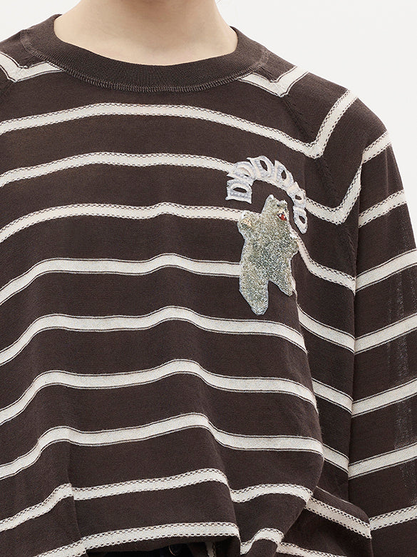 Bear Sequins Stripe Knit Top