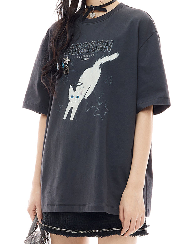 Cat Printed Badge T-shirt