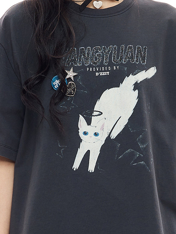 Cat Printed Badge T-shirt