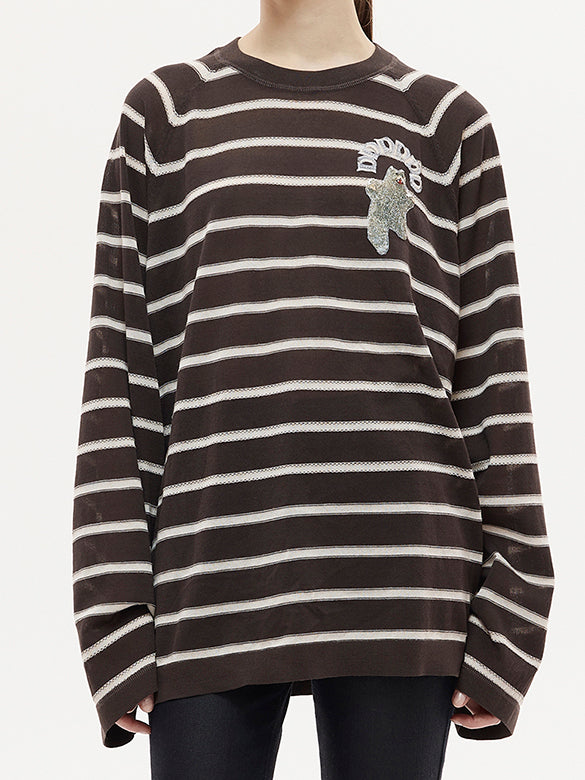 Bear Sequins Stripe Knit Top
