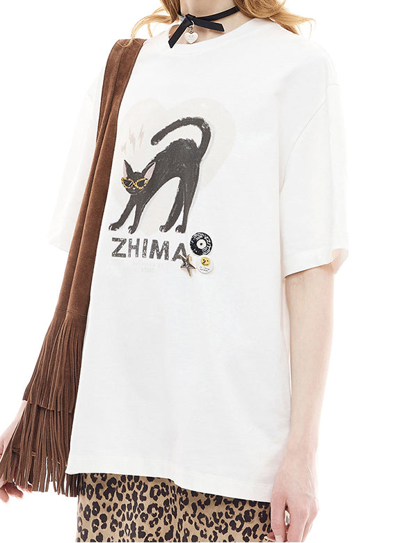 Cat Printed Badge T-shirt