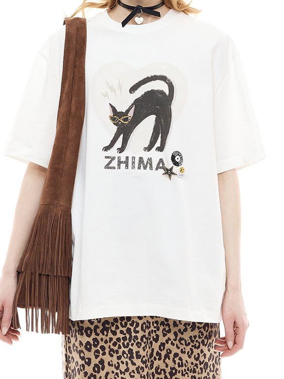 Cat Printed Badge T-shirt