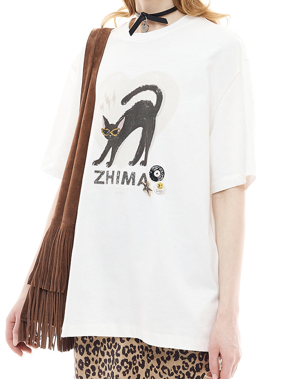 Cat Printed Badge T-shirt