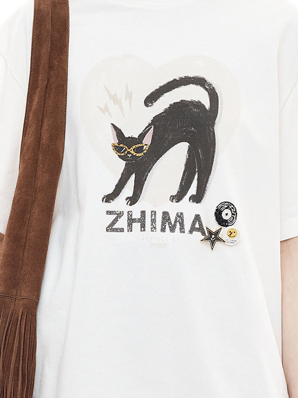Cat Printed Badge T-shirt