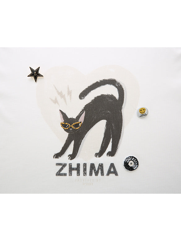 Cat Printed Badge T-shirt