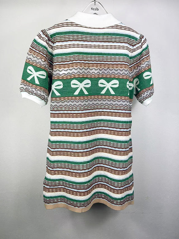 Retro Ribbon Stripe Polo Knit Dress