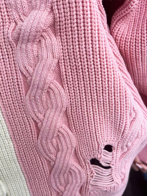 Bi-color Damage Cable Knitting Cardigan