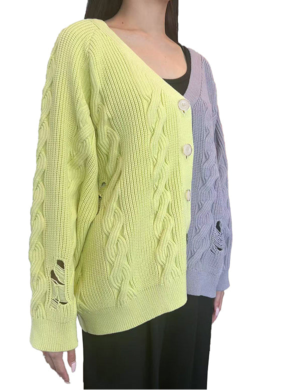Bi-color Damage Cable Knitting Cardigan