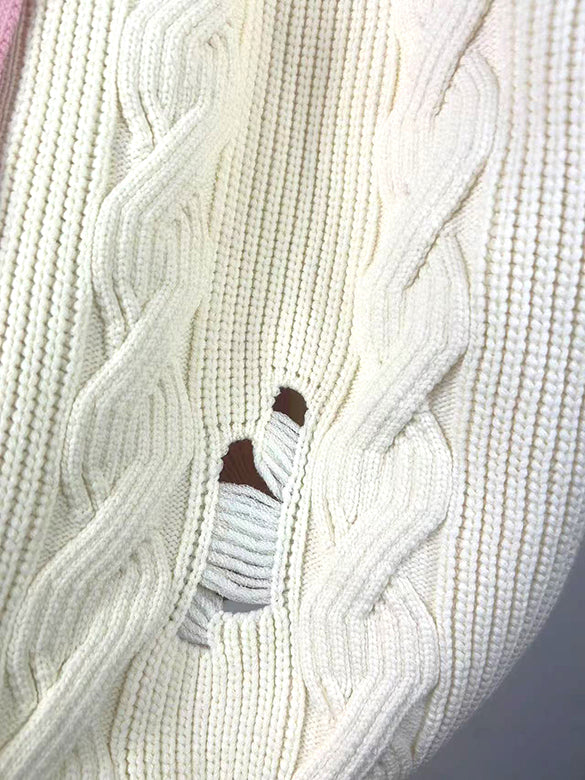 Bi-color Damage Cable Knitting Cardigan