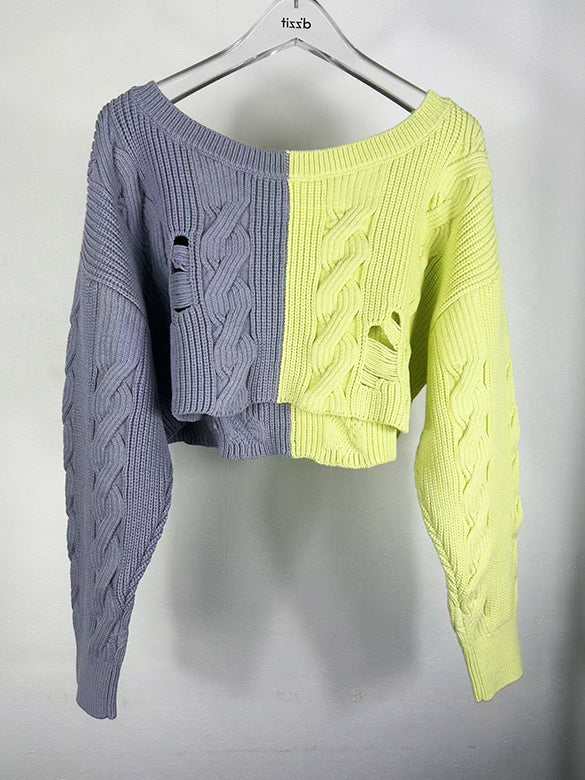 Bi-color Damage Off-shoulder Cable Short Knit