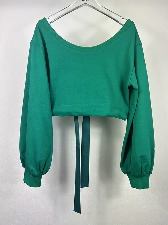 Balloon Sleeves Off-shoulder Ribbon Short Sweatshirt