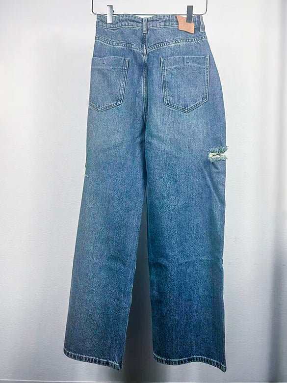 Side-damage Hook Waist Denim Pants