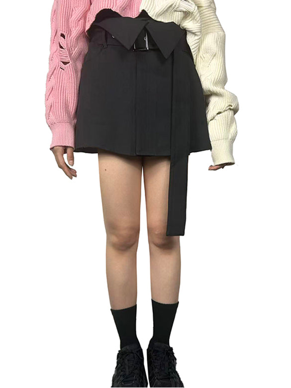 2way Asymmetry Pleats Belted Wrap Skirt