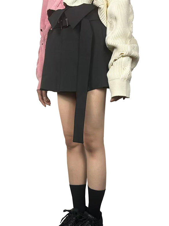 2way Asymmetry Pleats Belted Wrap Skirt